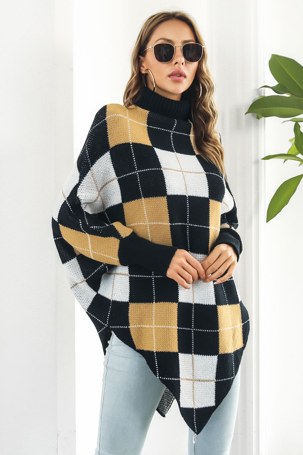 plaid-turtleneck-dolman-sleeve-poncho-291531