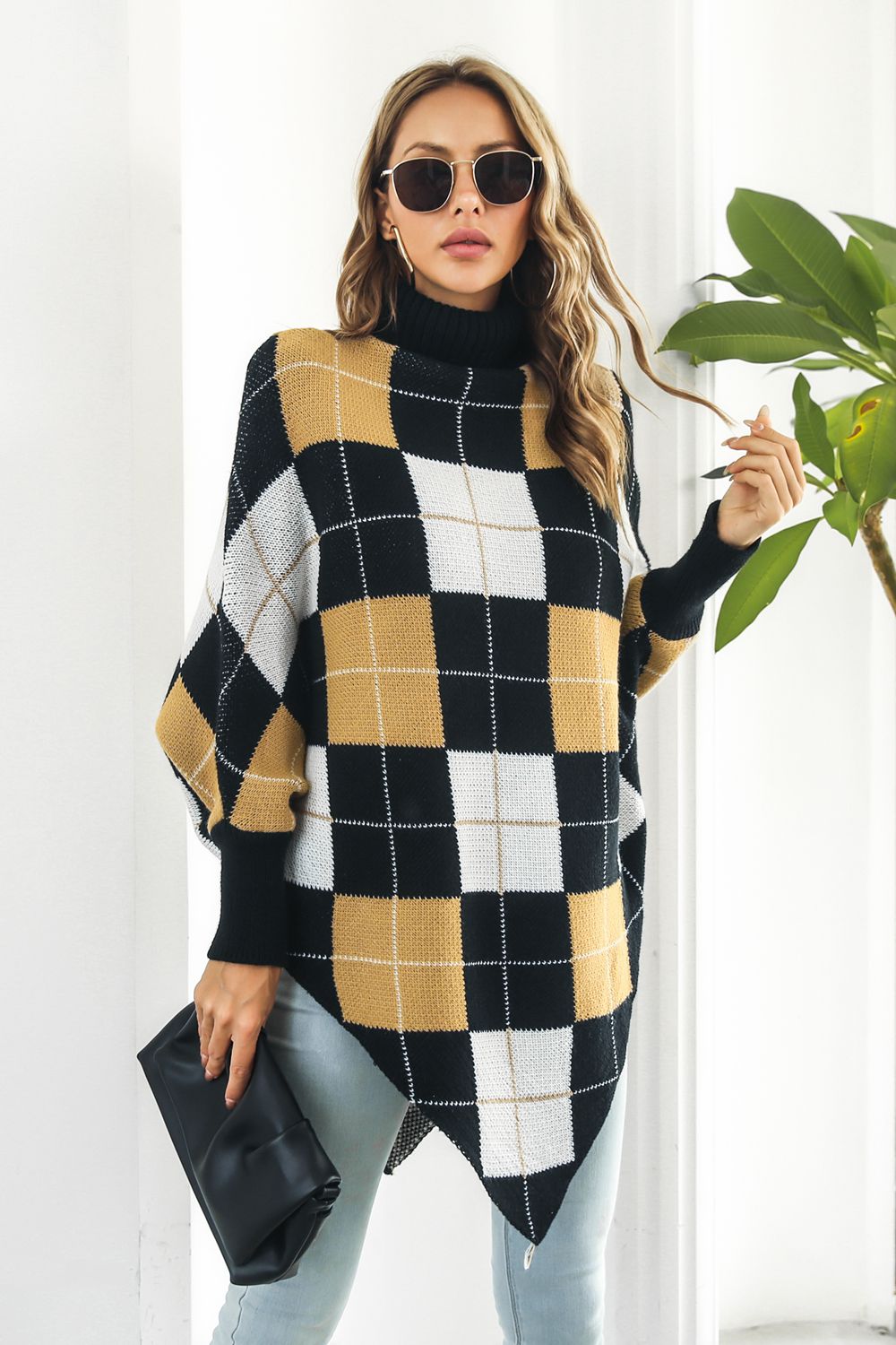 plaid-turtleneck-dolman-sleeve-poncho-695801